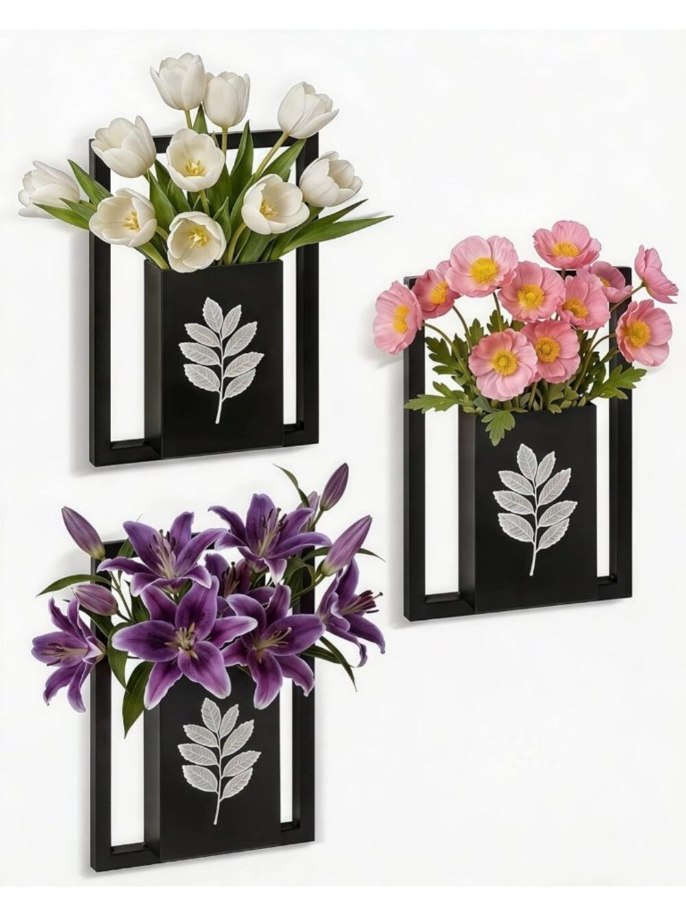 Set of 3 Metal Wall Vases for Flowers, Hanging Planter Decor for Home & Bathroom